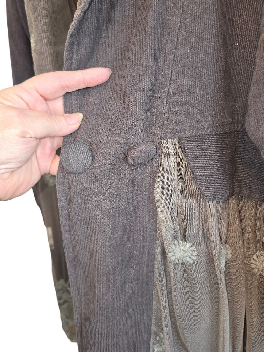 Sacred Threads Grey Corduroy & Embroidered Lace Hooded Jacket Coat - Size Small - Picture 4 of 13